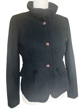 J Crew Tailored Black Wool-Blend Pea Coat with Ruffle Pocket Detail size 6